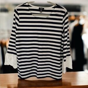 Jones New York Black and White Striped Tee with Lace Details on sleeves